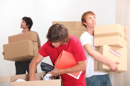 Professional movers transporting boxes and household items