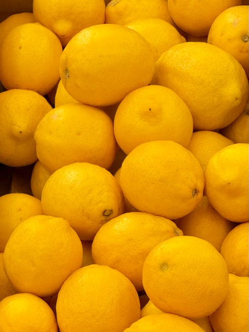 A close-up photograph of a large pile of fresh, bright yellow lemons with smooth, slightly textured skin. The lemons are arranged in a dense, overlapping manner, filling the frame entirely. Some lemons show small blemishes or marks, indicating natural fruit variation. The lighting highlights the vibrant yellow color and natural sheen of the lemons. This image could be used to illustrate fresh produce, fruit packaging, or the supply chain involved in food transportation. There are no other objects or background elements visible, solely focusing on the lemons, which may be part of a fruit display or storage area related to household or commercial food preparation. The scene is well-lit with soft, even lighting, emphasizing the natural appearance of the lemons.