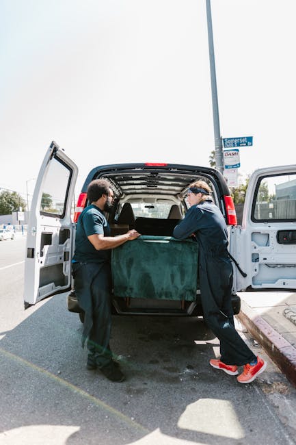 A young man wearing a white polo shirt and a black cap stands inside the open rear of a moving van, holding a cardboard box. The van's interior is filled with neatly stacked cardboard boxes of various
