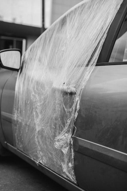 A black and white photograph shows a damaged car door with a large, torn plastic sheet draped over the top, partially covering the window and side panel. The car appears to be parked outside a building, with a blurred background suggesting an urban environment. The plastic sheet, possibly used as protective packaging or part of a moving process, is wrinkled and hangs loosely, indicating an ongoing or recent home relocation activity. This scene reflects common challenges faced during furniture transport and moving logistics, emphasizing the importance of careful handling and securing of belongings during house removals. Movers Maida Vale, a professional removals service, may assist with resolving access problems and ensuring safe transportation of household items, including protecting furniture with appropriate materials during loading and unloading processes. The lighting highlights the vehicle's surface and the texture of the plastic, contributing to a clear visual understanding of the situation involved in house removals.