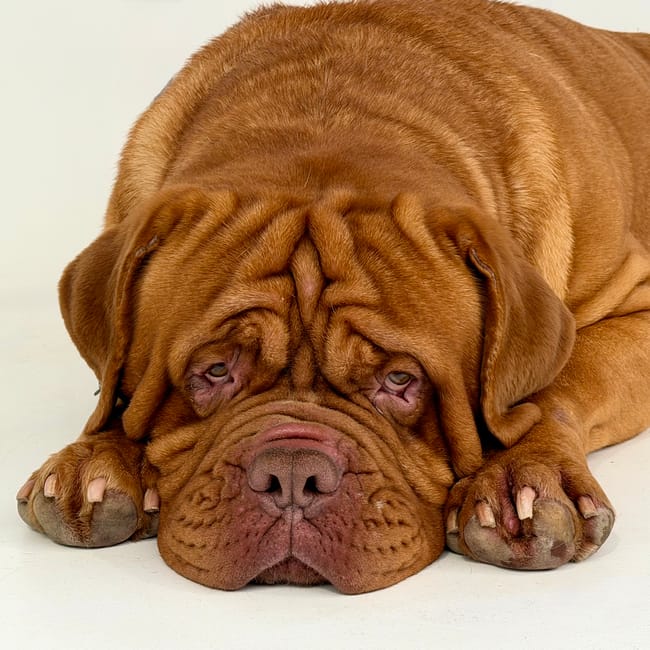 A large, brown Dogue de Bordeaux breed lying on a light-colored surface, with its head resting on its front paws and eyes partially open. The dog has characteristic deep wrinkles on its face and large, expressive eyes. Its ears are slightly drooping, and its nails are visible on the paws. The background is plain and uncluttered, emphasizing the dog’s relaxed posture. This image captures the calm and gentle demeanor typical of the breed, relevant to home relocation or pet-friendly moving services offered by Movers Maida Vale, as seen in the context of house removals and furniture transport.