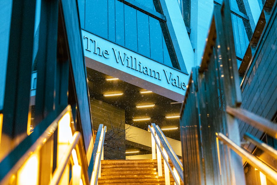 Photograph of the entrance to The William Vale hotel taken from outside on a stairway leading up to the building. The staircase is made of wood with metal handrails, and the area is illuminated by yellow lighting fixtures. The hotel’s blue exterior walls are visible, with the name 'The William Vale' displayed prominently on a white sign above the entrance. The image captures both the upward movement towards the hotel entrance and the surrounding architectural details, including overhanging structures and the modern design elements that facilitate home relocation or moving logistics, as seen in professional removals services from Movers Maida Vale.